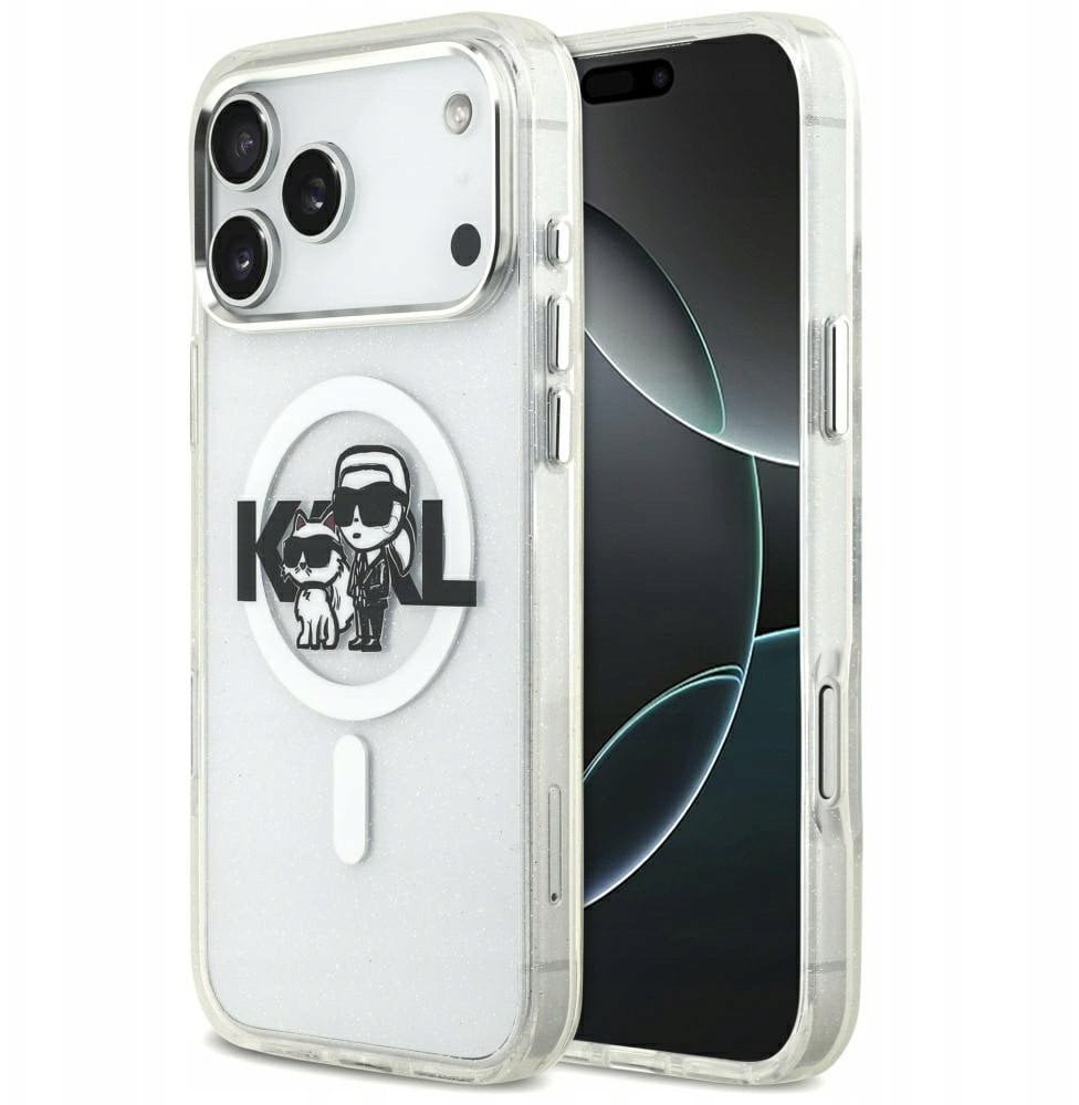 Karl Lagerfeld IML Glitter Karl & Choupette Sketch Logo MagSafe Case for iPhone 17 Pro Max Clear