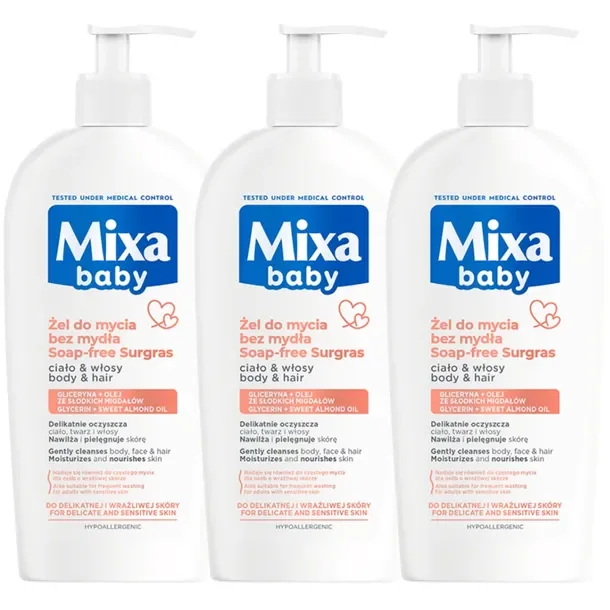 Mixa Baby Łagodny Żel do Mycia Bez Mydła Ciało i Włosy Z Olejkiem 3x400ml