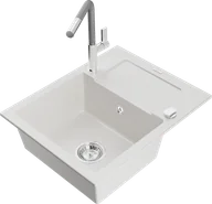 Zlewozmywaki z baterią - Mexen Enzo zlewozmywak granitowy 1-komorowy z ociekaczem i baterią kuchenną Flora, biały - 6506-20-670401-06 - miniaturka - grafika 1