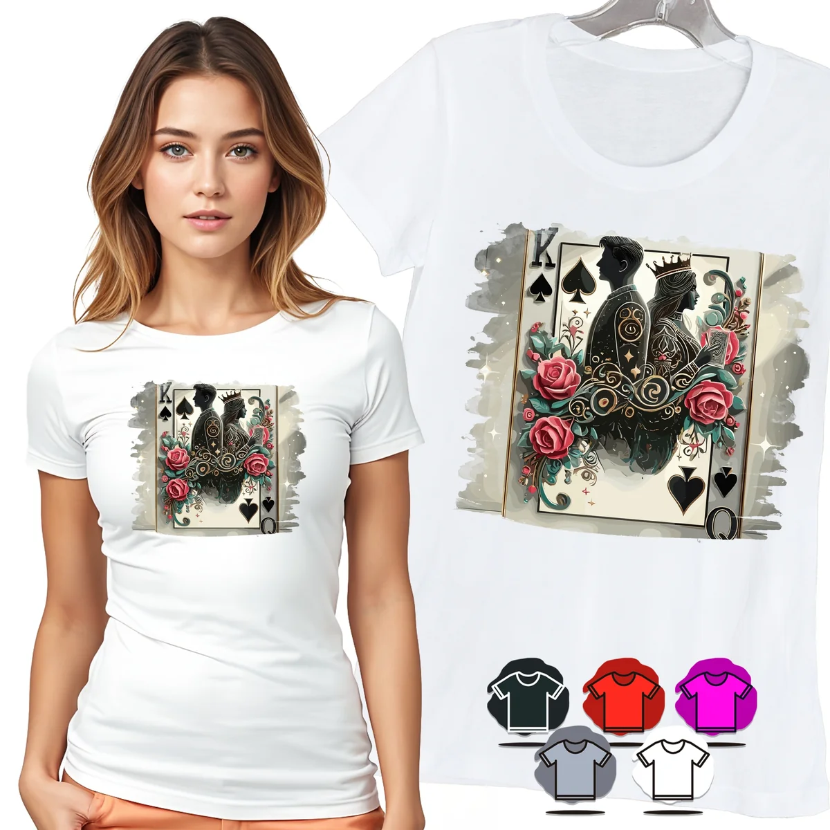 KOSZULKA DAMSKA T-SHIRT - KARTY POKER DAMA KRÓL KWIATY CZARNY WZÓR - XS