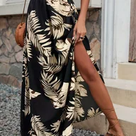 Spódnice - TEMU Damska spódnica maxi z wysokim stanem i wycięciem z boku, z nadrukiem liści tropikalnych - Elegancki styl na wakacje, czarny i złoty, - miniaturka - grafika 1