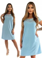 Sukienki - BŁĘKITNA ELEGANCKA SUKIENKA Z KORONKĄ NA DEKOLCIE ROZMIAR 40 - miniaturka - grafika 1