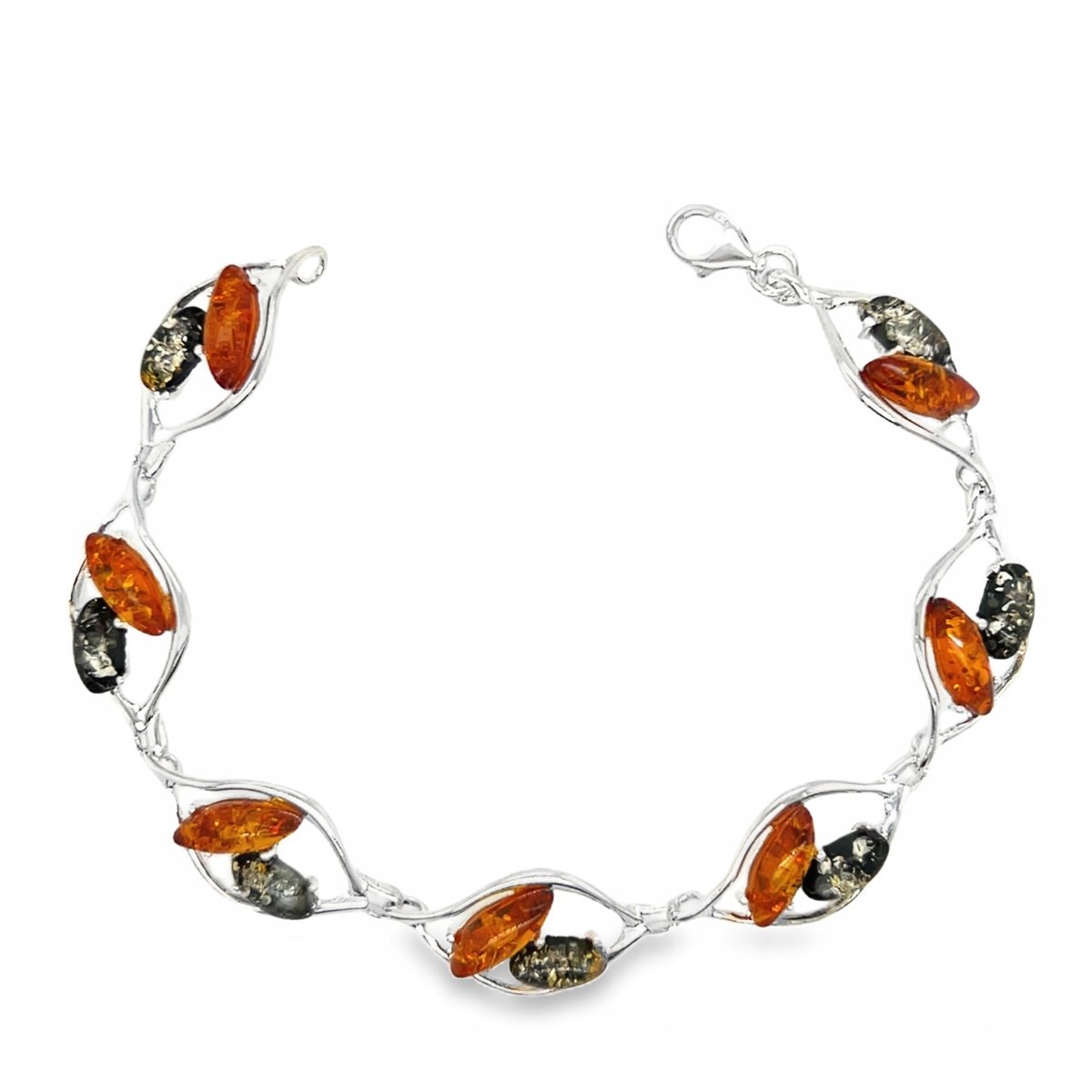 Bransoletka srebrna z bursztynem koniakowy zielony SREBRO 925