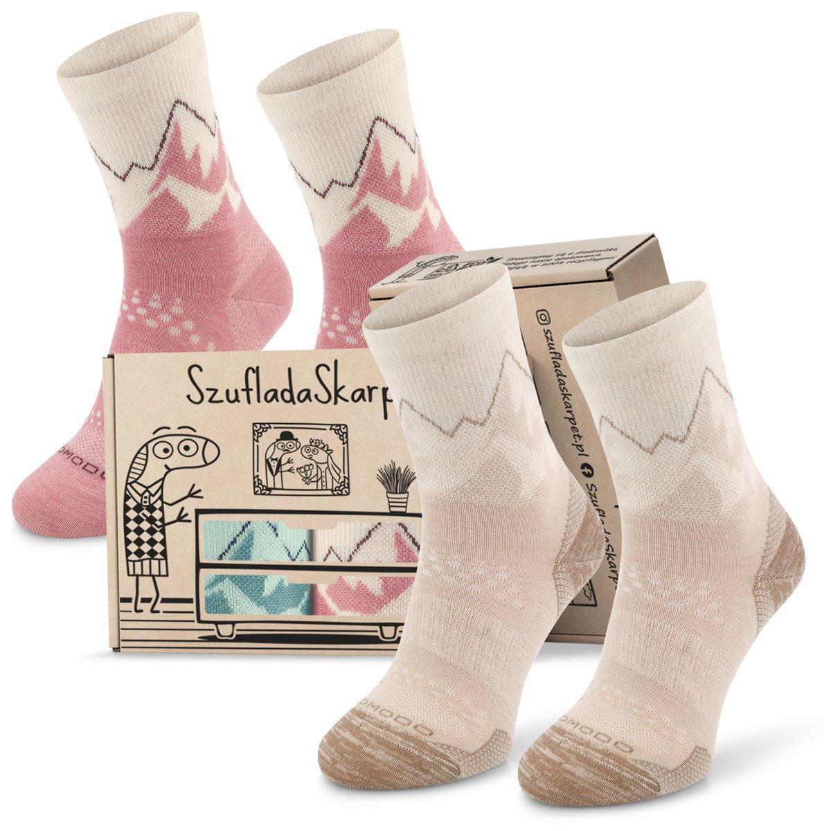 Zestaw Comodo Cienkich Skarpetek Termoaktywnych Merino, Antybakteryjne. W Pudełku Prezentowym Dla Niej, 39-42. Różowo-beżowe, Wiosna/lato.