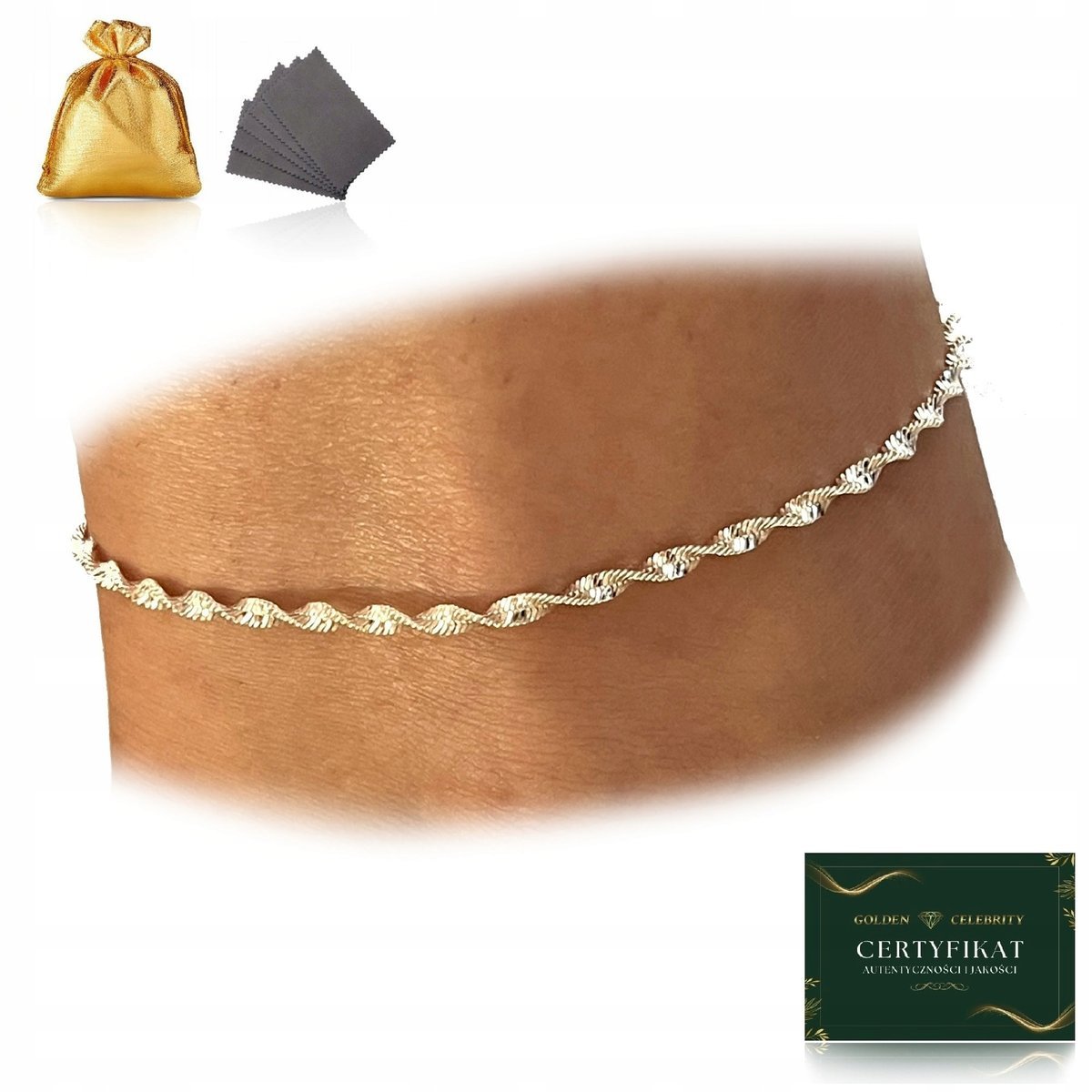 SREBRNA BRANSOLETKA NA NOGĘ SINGAPUR , SREBRO 925 REGULOWANA, 21 cm + 5 cm