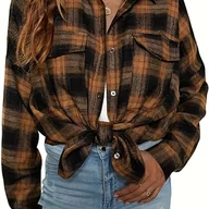 Koszule damskie - TEMU Elegancka damska koszula w kratę - Czerwona bluzka zapinana na guziki w kratę z kieszeniami, tunika z długim rękawem na wiosnę/jesień, do biura, - miniaturka - grafika 1