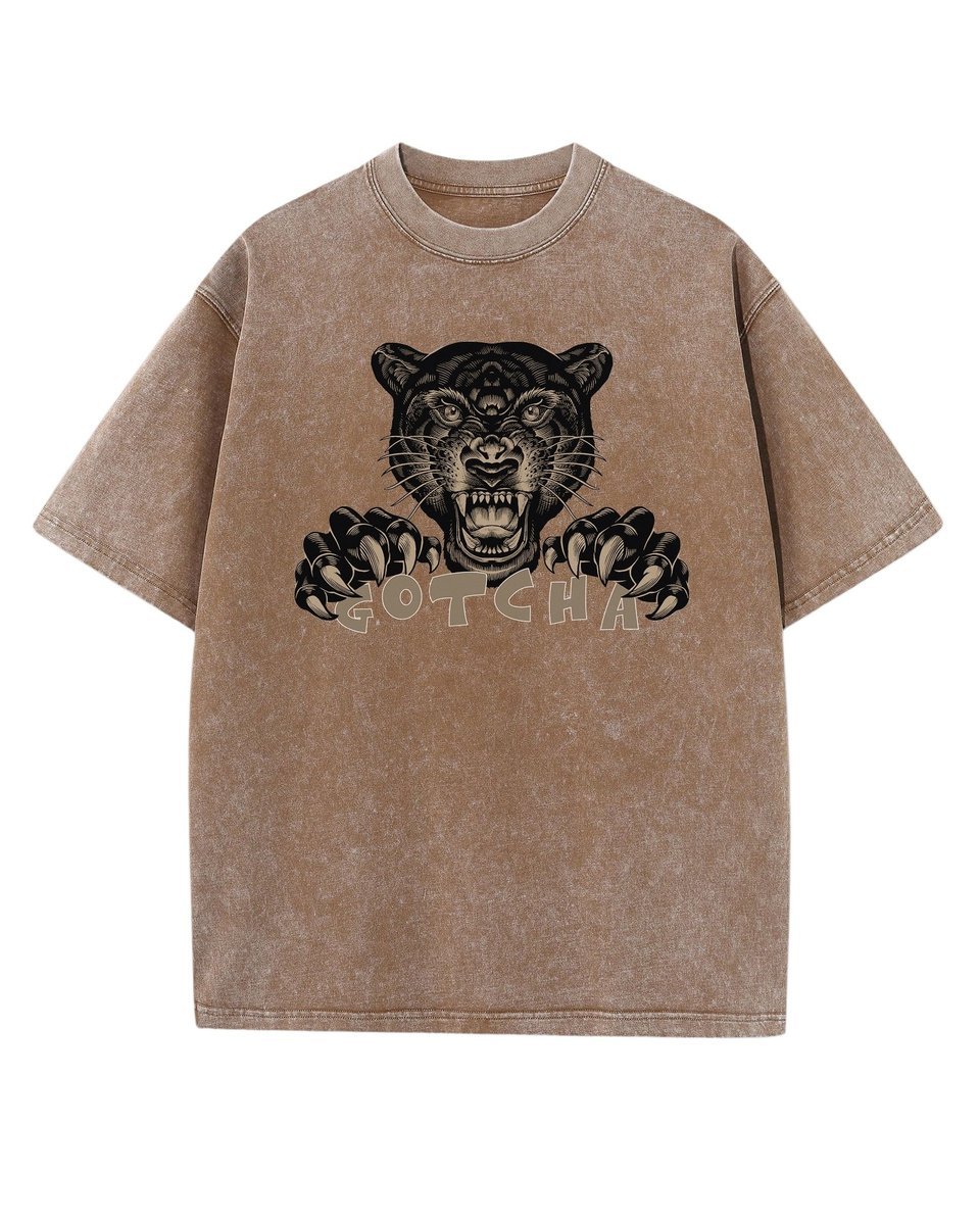 Męska koszulka oversize efekt sprania Dzika Pantera Zwierzęta Brązowa M
