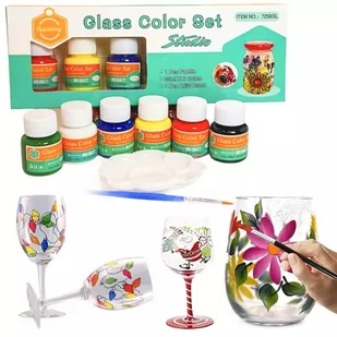 Farby Do Szkła Ceramiki Porcelany Zestaw Do Malowania Na Szkle 6 Kolorów X 25Ml + Pędzel Paletka Malarska - Zabawki kreatywne - miniaturka - grafika 1
