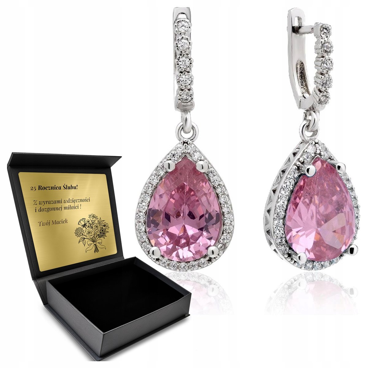 Kolczyki Srebrne 925 Cyrkonie Topaz Biżuteria Dla Kobiety + Grawer