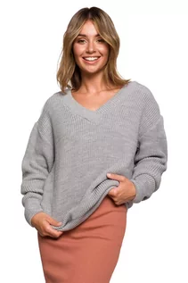 Swetry damskie - Klasyczny Sweter z Dekoltem w Szpic - Szary - grafika 1