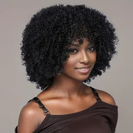 Inne - TEMU Krótkie Peruki z Kręconymi Afrykańskimi Włosami dla Kobiet - Falista Syntetyczna Peruka Odporna na Ciepło z Grzywką i Dużym Rozciąganiem, - miniaturka - grafika 1