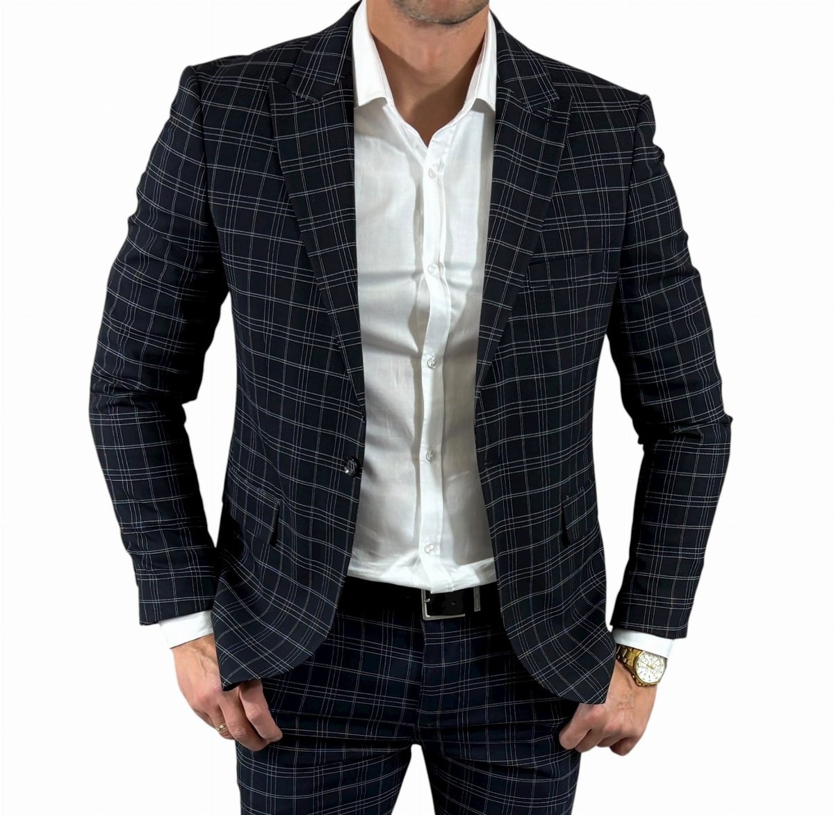 Marynarka jednorzędowa taliowana granatowa w drobną kratkę DJM11 54