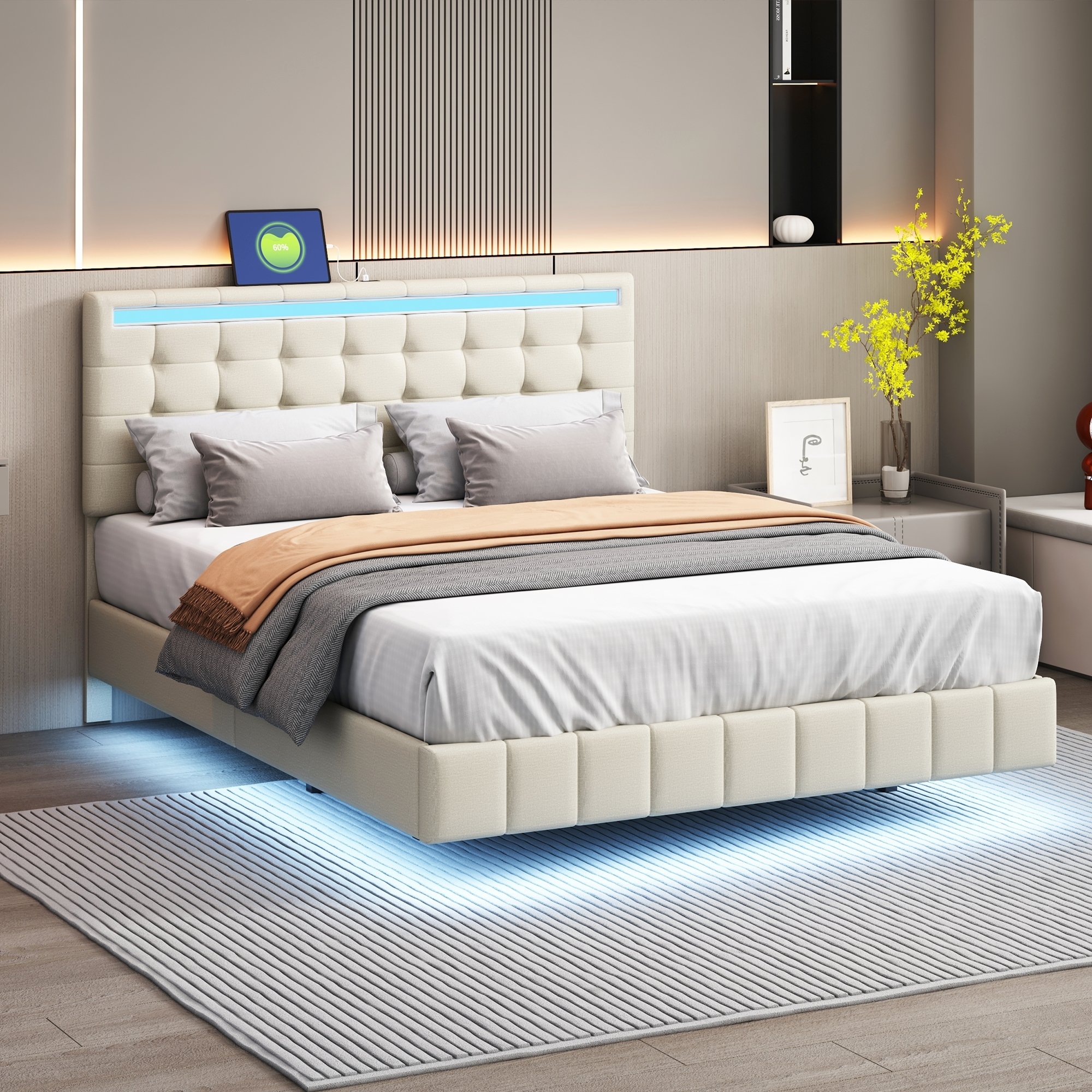 Łóżko tapicerowane Merax 140x200 cm z oświetleniem LED i wtyczką USB, podwójne łóżko z ruchomą ramą łóżka i zagłówkiem o regulowanej wysokości, drewniane łóżko młodzieżowe, funkcjonalna pościel, beżowy