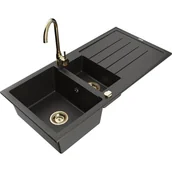 Zlewozmywaki z baterią - Mexen Andres zlewozmywak granitowy 1,5-komorowy z ociekaczem i baterią kuchenną Telma, czarny/złoty - miniaturka - grafika 1