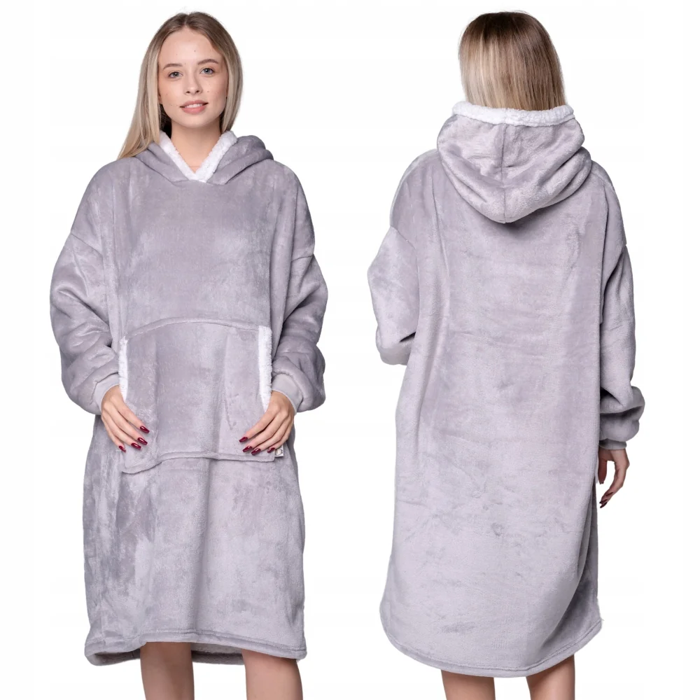 KOC BLUZA Oversize Jednolita Gruba KOCOBLUZA 2w1XXL JASNA SZARA Futrzak damska polarowa z kapturem, długi rękaw, wkładana przez głowę