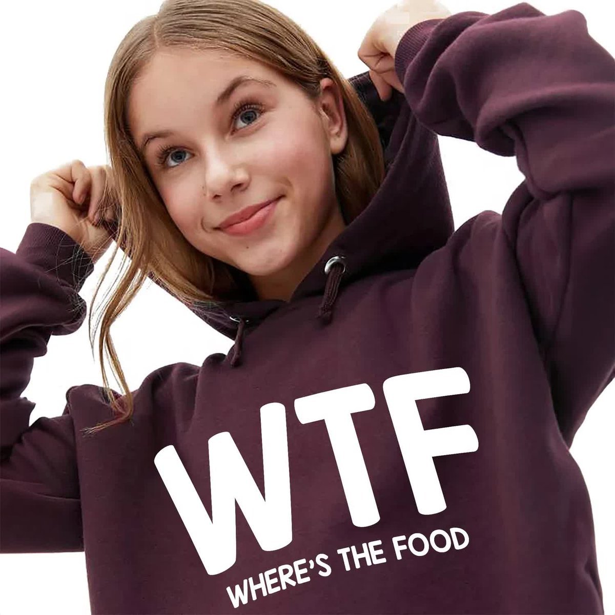Bordowa Bluza Damska Z Kapturem WHERE IS THE FOOD Modna Stylowa Wzory - M