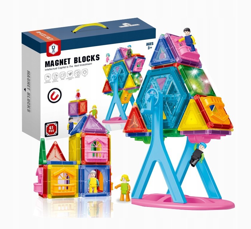 KLOCKI MAGNETYCZNE 61el KREATYWNE KLOCKI KONSTRUKCYJNE 3D EDUKACYJNE 395A