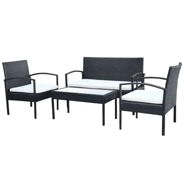 Zestaw mebli ogrodowych czarny z kremowymi poduszkami, sofa i fotele 106x59