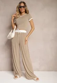 Komplety damskie - Beżowy Komplet z Prążkowanego Materiału T-shirt Szerokie Spodnie z Gumką w Pasie Alandrea - miniaturka - grafika 1