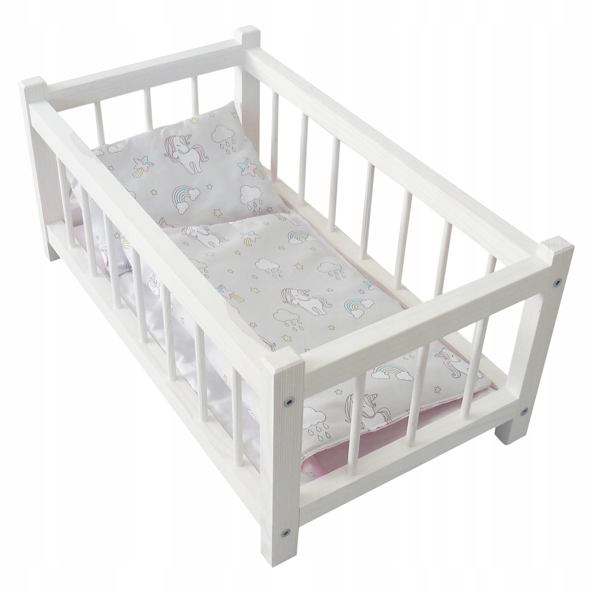 Drewniane Łóżeczko Dla Lalek Białe Pościel Jednorożec Pokój Dziecięcy Zabaw