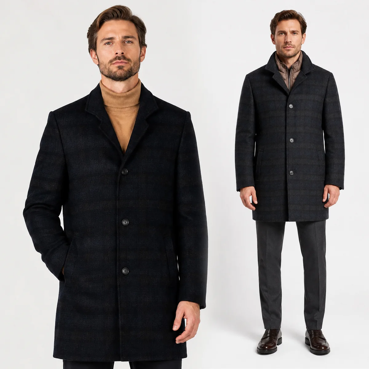 Płaszcz Męski Jednorzędowy Z Odpinaną Stójką Elegancki W Kratę Granatowy 58/170-176