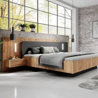Meble do sypialni - Łóżko z szafkami nocnymi 160 × 200 cm – 2 szuflady – oświetlenie LED – kolor: naturalny i antracytowy – FRANCOLI - miniaturka - grafika 1