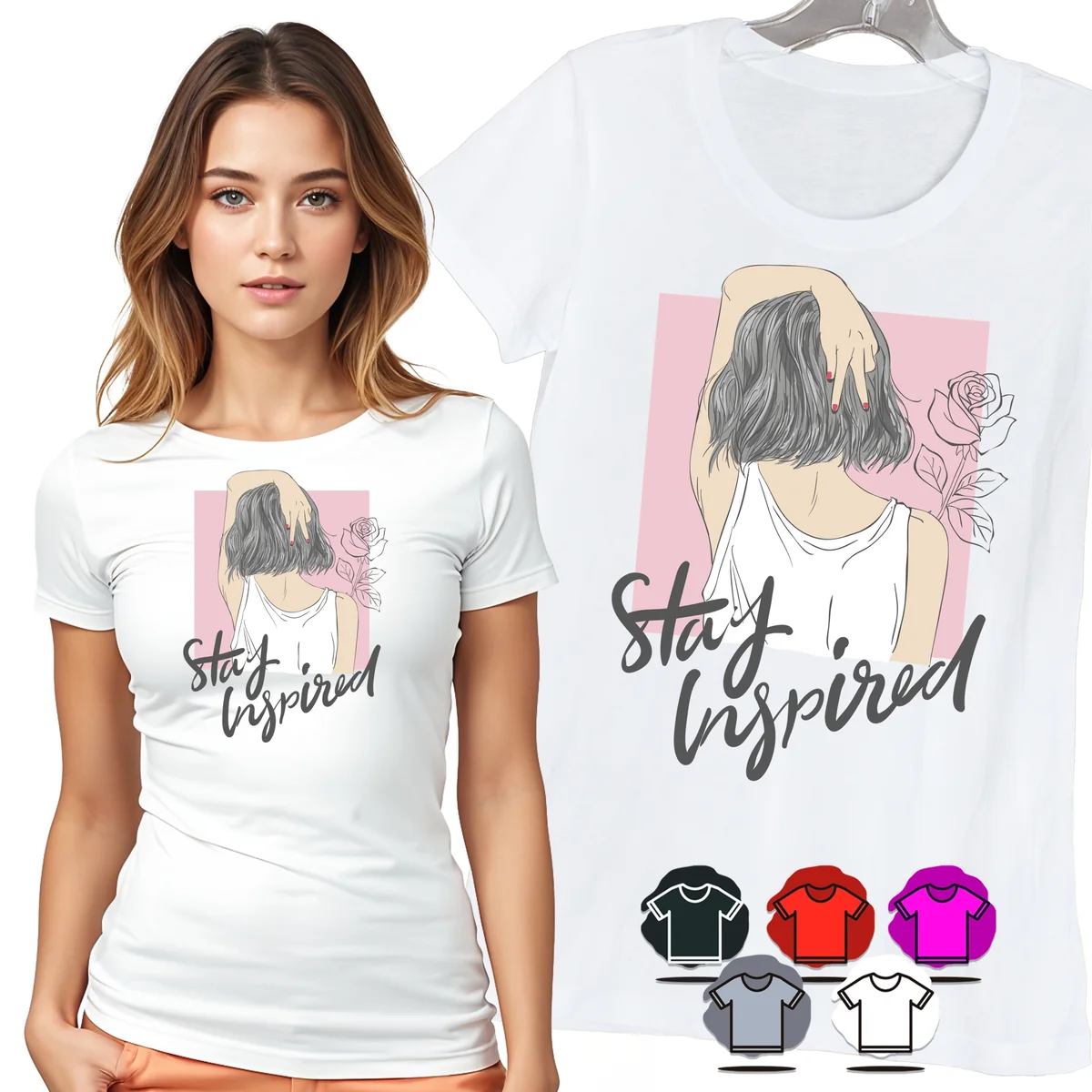 KOSZULKA DAMSKA T-SHIRT - STAY INSPIRED KOBIETA KWIATY MOTYW MODA WZÓR - 3X