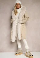 Kurtki damskie - Jasnobeżowa Ocieplana Kurtka Parka z Kapturem i Ściągaczem w Pasie Semilaura - miniaturka - grafika 1