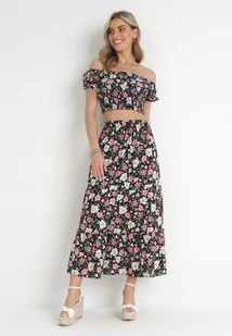 Czarny 2-częściowy Komplet Bawełniany w Kwiaty z Topem i Spódnicą Odeleti - Komplety damskie - miniaturka - grafika 1