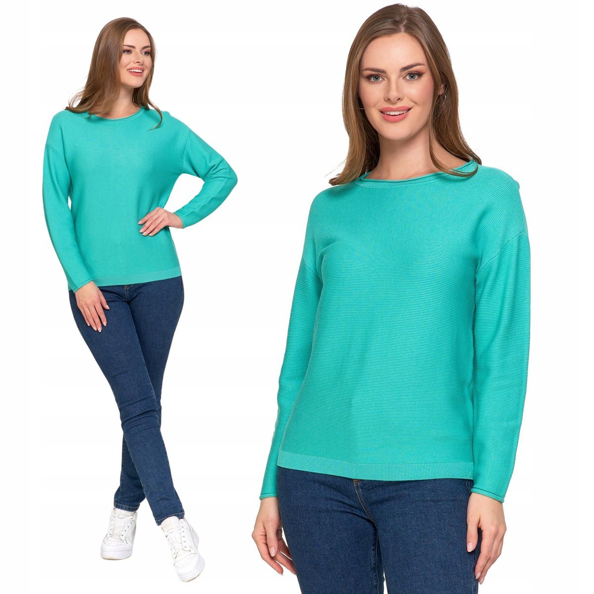 SWETER DAMSKI KLASYCZNY DZIANINOWY Z WISKOZY DŁUGI RĘKAW LUŹNY MORAJ S GREEN