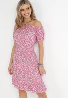 Sukienki - Różowa Bawełniana Sukienka Hiszpanka w Kwiaty z Marszczoną Gumką w Talii Rosaliya - miniaturka - grafika 1