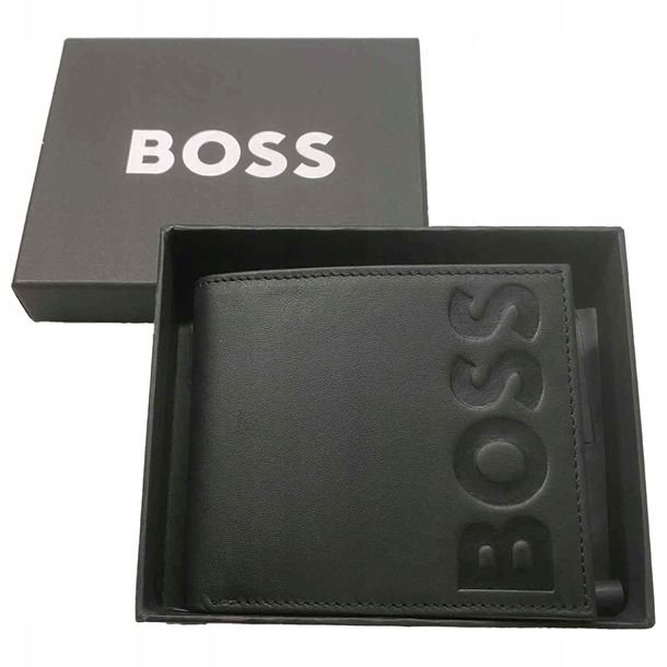 HUGO BOSS Męski Czarny Portfel Poliester Skóra Licowa Elegancka Portmonetka