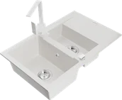 Zlewozmywaki z baterią - Mexen Gaspar zlewozmywak granitowy 1,5-komorowy z ociekaczem i baterią kuchenną Rita, biały - 6507-20-670300-20 - miniaturka - grafika 1