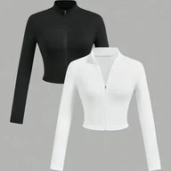 Bluzki damskie - TEMU 2 szt. Eleganckie Damskie Bluzki z Półzamkiem i Dekoltem w Serek, Długim Rękawem - Średnio Elastyczne, Jednokolorowe Topy do Wiosennego i - miniaturka - grafika 1