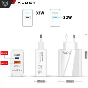 Ładowarka sieciowa szybka USB-A QC 3.0 Quick Charge + USB-C PD 33W 65W Alogy Biała - Ładowarki do telefonów - miniaturka - grafika 2