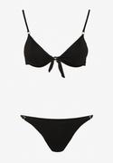 Stroje kąpielowe - Czarne Bikini Biustonosz Wiązany na Plecach z Aplikacjami Majtki z Cienkimi Paskami Tiamariah - miniaturka - grafika 1