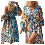 Bluzki damskie - Pareo kolorowe długa narzutka plażowa tunika z paskiem - miniaturka - grafika 1