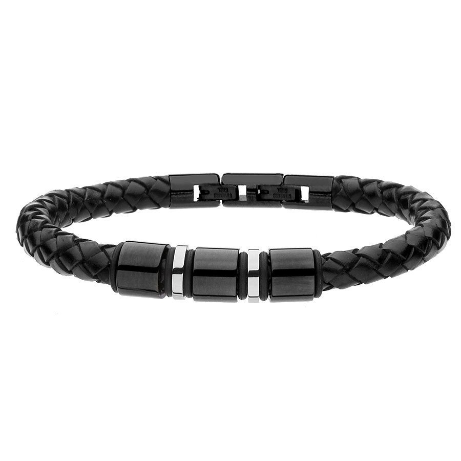 Męska bransoletka rzemień i beadsy ze stali szlachetnej.