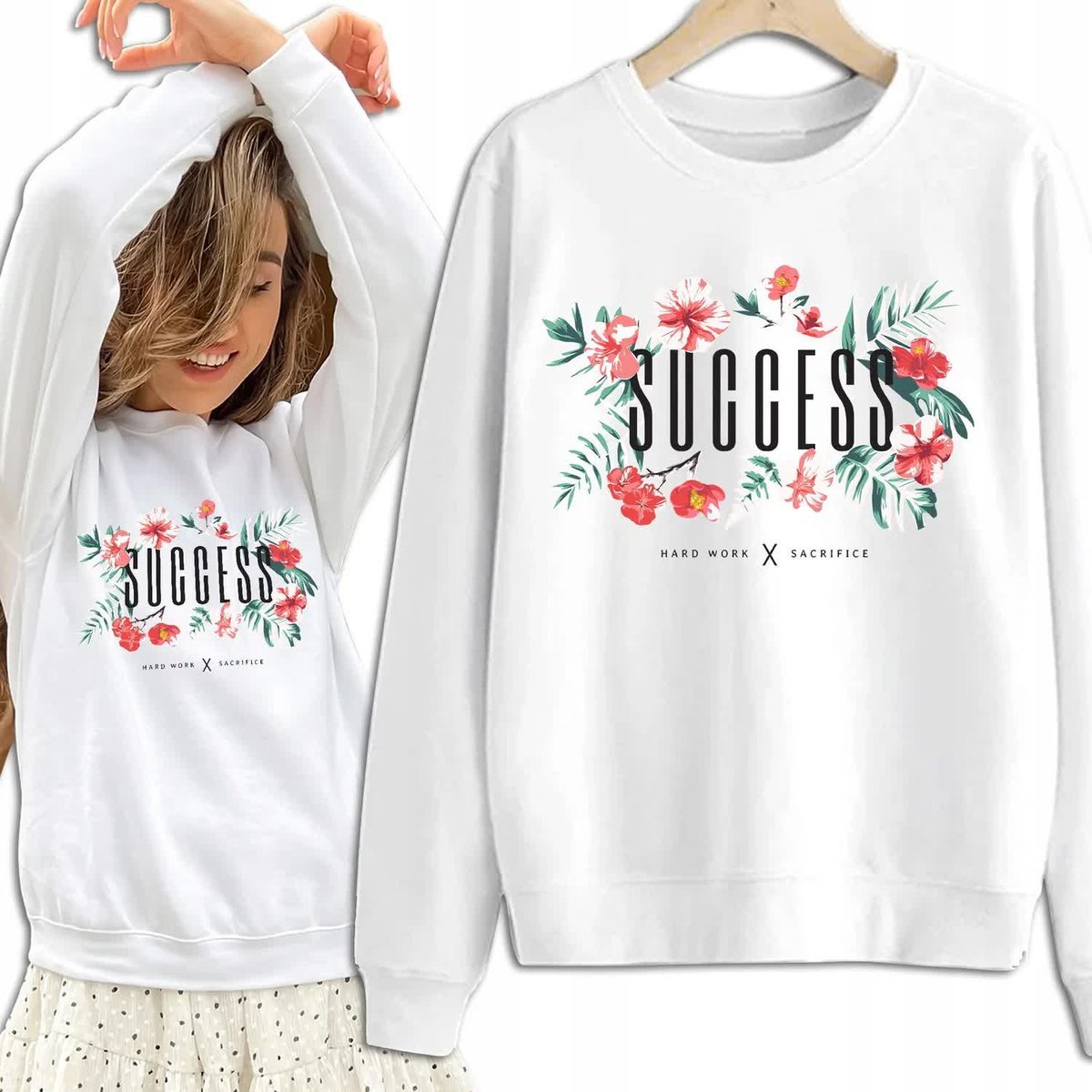 Bluza Damska Biała Dresowa SUCCESS Kobiece Dziewczęce Piękne Wzory Rozm S
