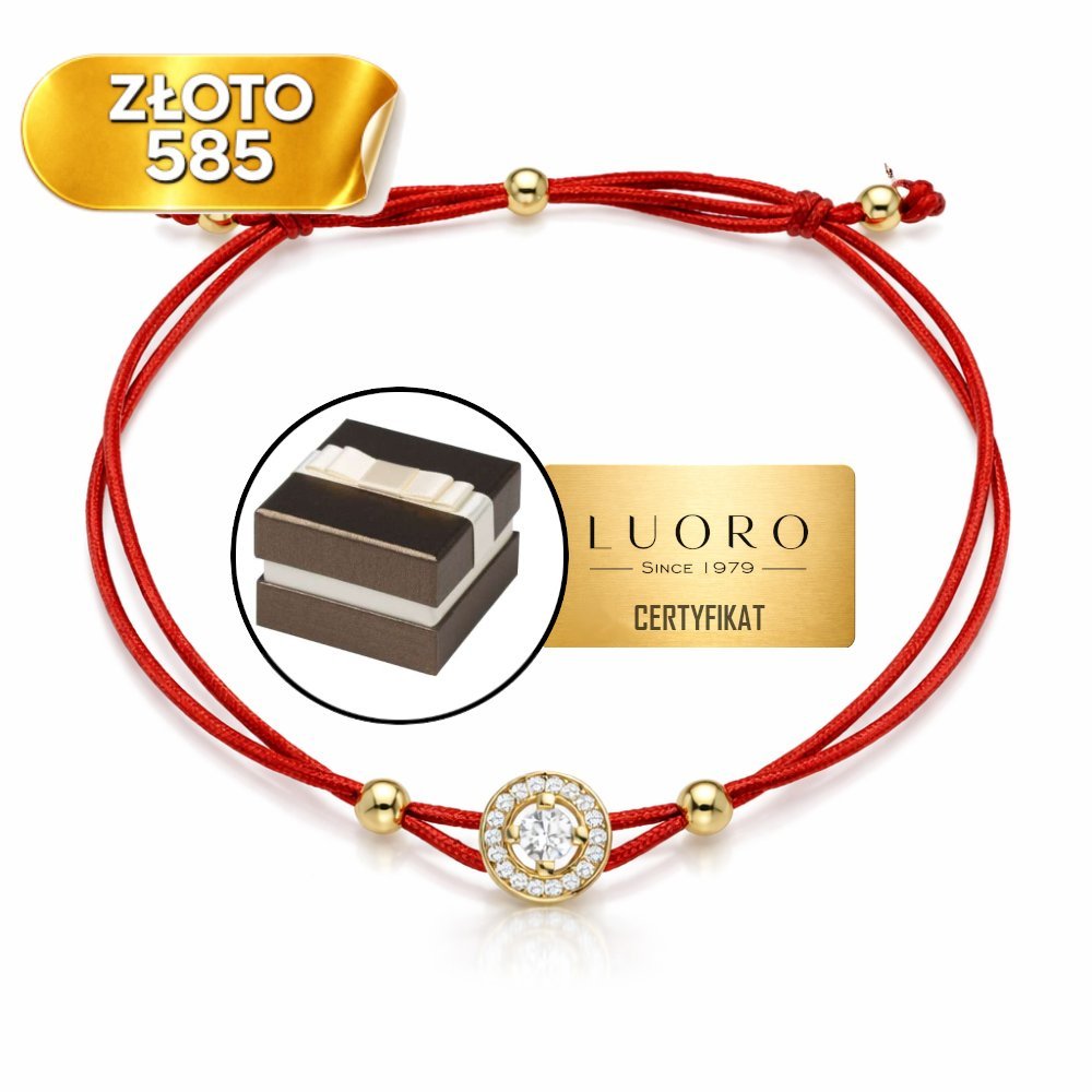 BRANSOLETKA ZŁOTA 585 14K KÓŁECZKO CYRKONIE CZERWONY SZNUREK 14-20 CM REGULOWANA