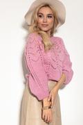 Swetry damskie - Ażurowy Sweter z Bufiastym Rękawem - Różowy - miniaturka - grafika 1