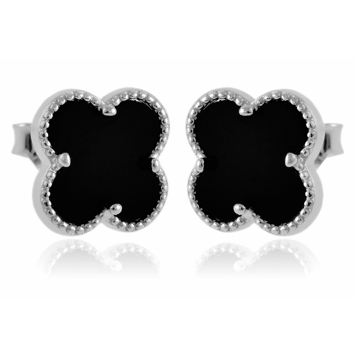 Kolczyki srebrne 925 koniczynki z onyksem w dekoracyjnej oprawie 1,6g