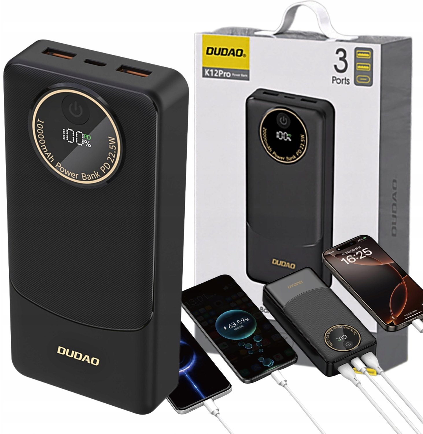 Dudao K12Pro 22,5W PD 20000mAh USB-A, USB-C Czarny