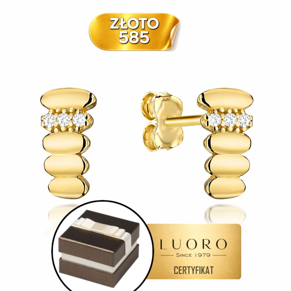 KOLCZYKI ZŁOTE 585 14K ELIPSY Z CYRKONIAMI SZTYFT ELEGANCKIE 1 CM