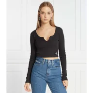 Koszulki i topy damskie - CALVIN KLEIN JEANS Top SPLIT COLLAR RIB | Regular Fit - miniaturka - grafika 1