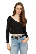 Bluzki damskie - TRENDYOL Damska bluzka z dekoltem w serek, jednokolorowa, podkreślająca figurę, Black And White, L - miniaturka - grafika 1