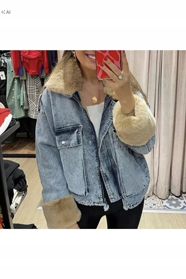 JEANSOWA KURTKA DAMSKA Z FUTERKIEM W STYLU RETRO UNIWERSALNY 5IA*
