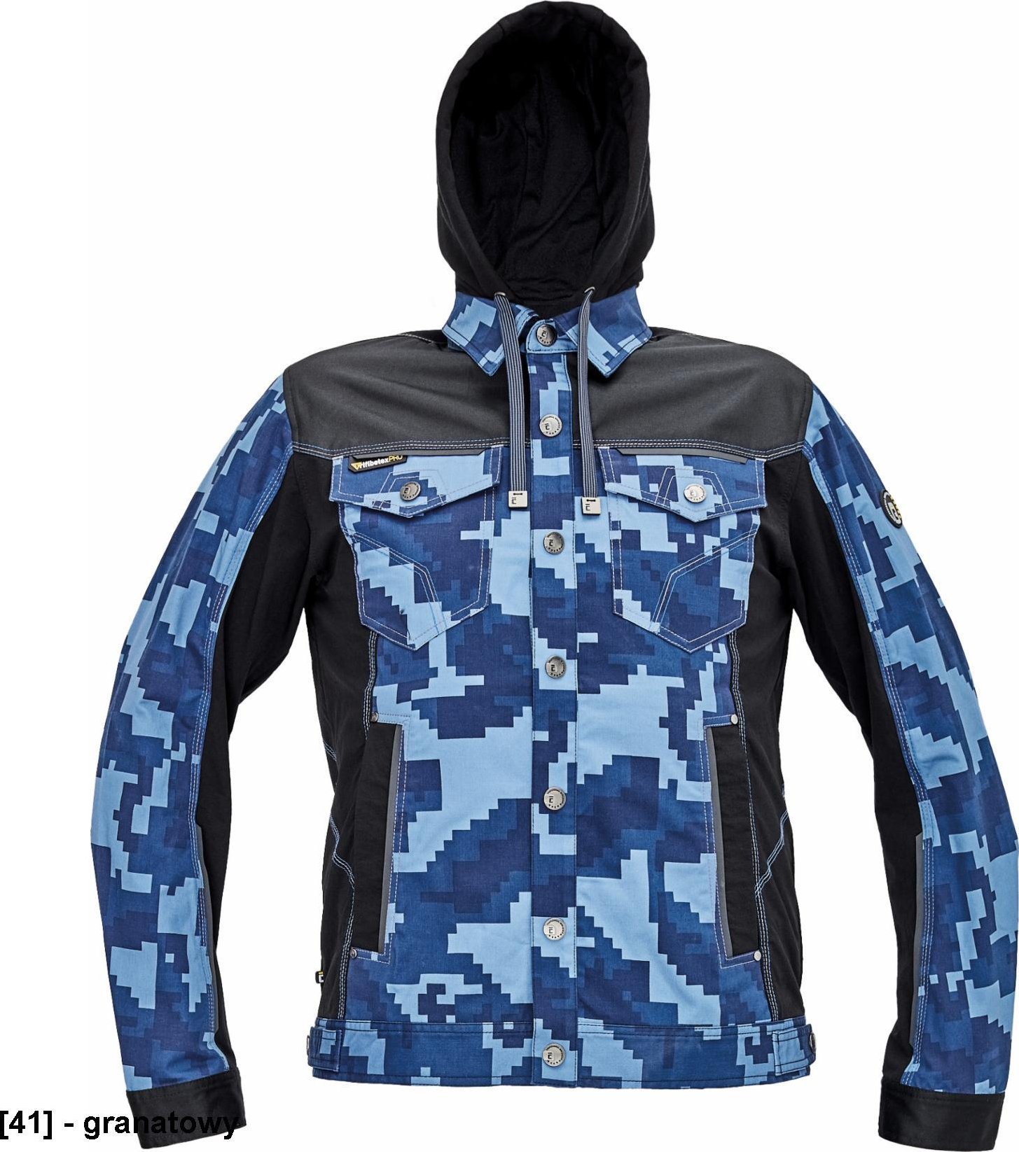 CERVA NEURUM CAMOUFLAGE kurtka z kapturem - męskia kurtka robocza, kaptur, 4 kieszenie, elastyczny materiał Trifibetex, nadruk moro, - granatowy 64