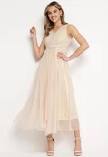 Sukienki - Beżowa Rozkloszowana Sukienka Maxi z Koronkową Górą i Tiulowym Dołem Gelivia - miniaturka - grafika 1