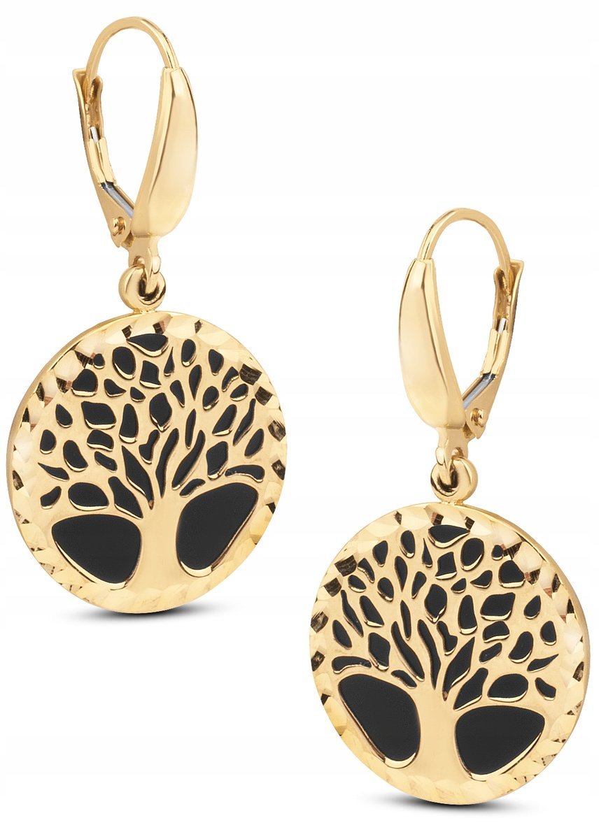 ORYGINALNE ZŁOTE KOLCZYKI WISZĄCE DRZEWKA SZCZĘŚCIA DIAMENTOWANE 14KT 585